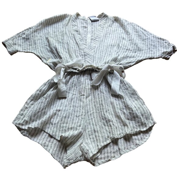 Acler Pants - Acler Size 2 Tan & Cream Preston Deep V Striped Linen Paperbag Romper